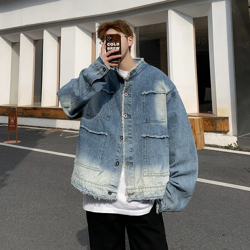 Patchwork Jean Jacket - Amerikan Retro Hip Pop Ham Kenarlı