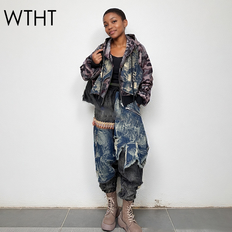 Patchwork Jean Jacket - WTHT Trendy Kadın Kamuflaj Desenli Eklemeli