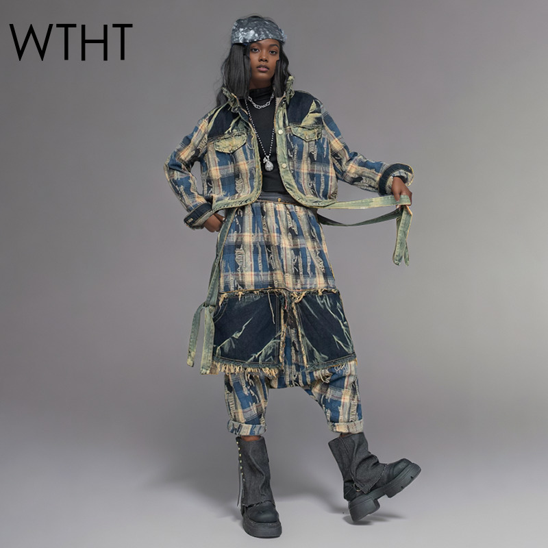 Patchwork Jean Jacket - WTHT Moda kadın Düzensiz Patchwork Yaka