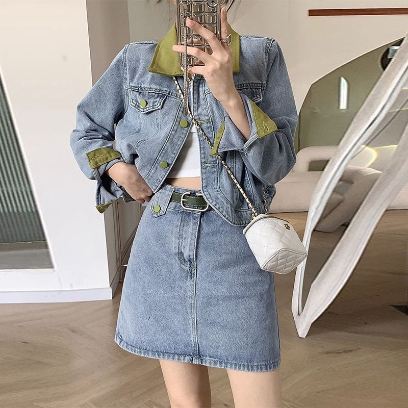 Patchwork Jean Jacket - Denim Mont Mini Etek Iki Parçalı
