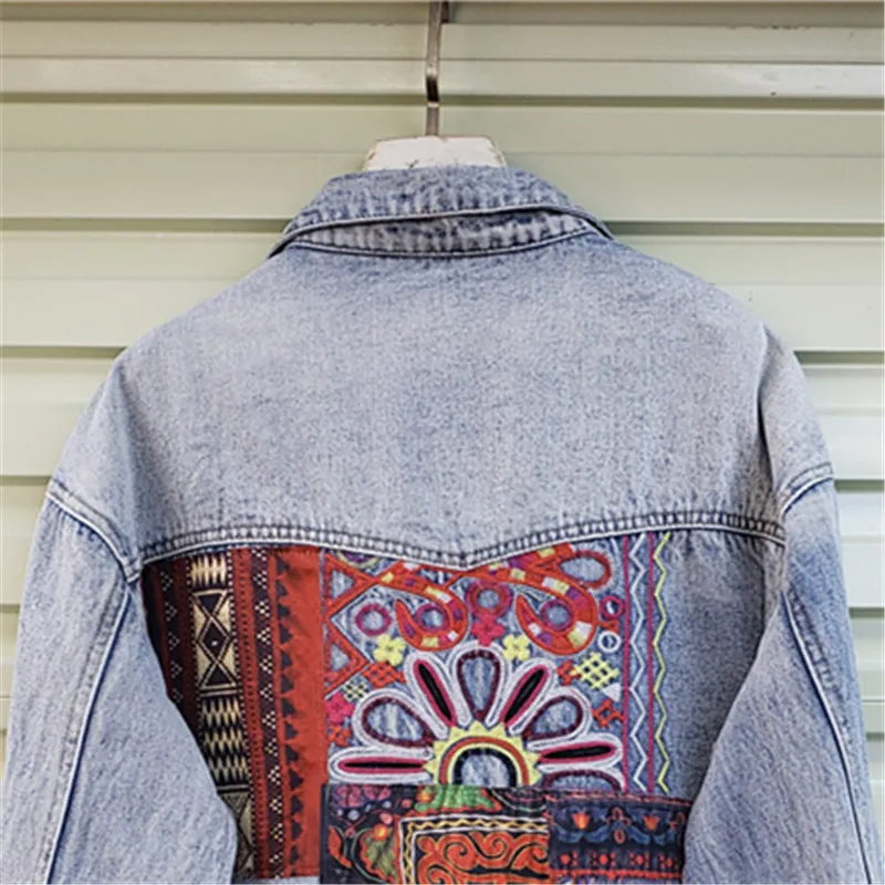 Patchwork Jean Jacket - Bohemia Nakış Ekleme Büyük Cep Denim