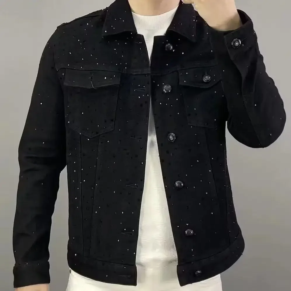 Patchwork Jean Jacket - Erkekler için Kot Ceket Düğme Rahat