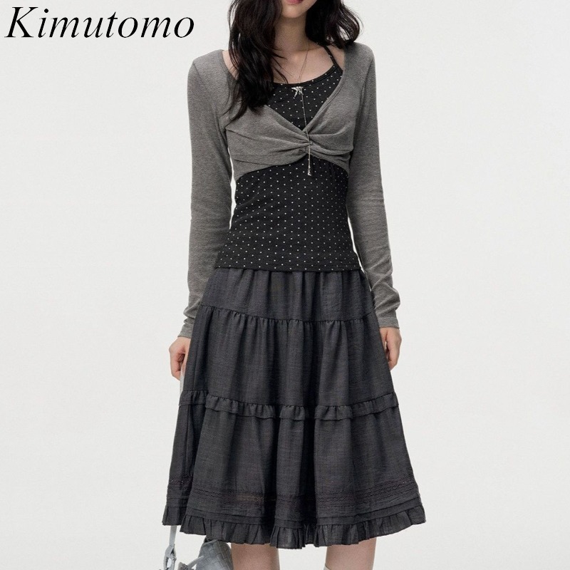 Vintage Women Fashion - Kimutomo Kadın Tişörtleri Uzun Kollu Patchwork