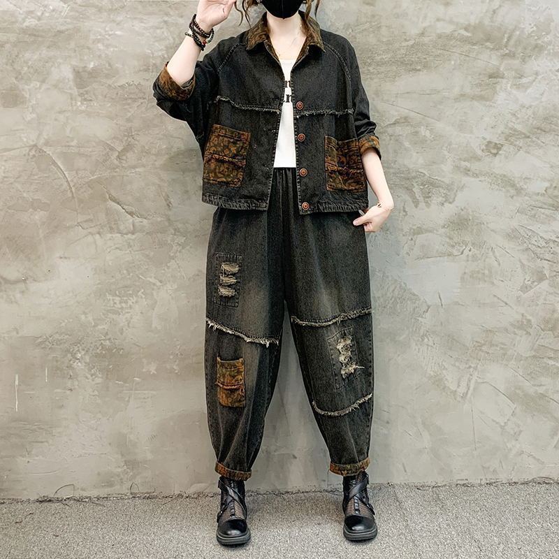 Patchwork Jean Jacket - Sonbahar Kış Kadın Retro Kovboy Takımı